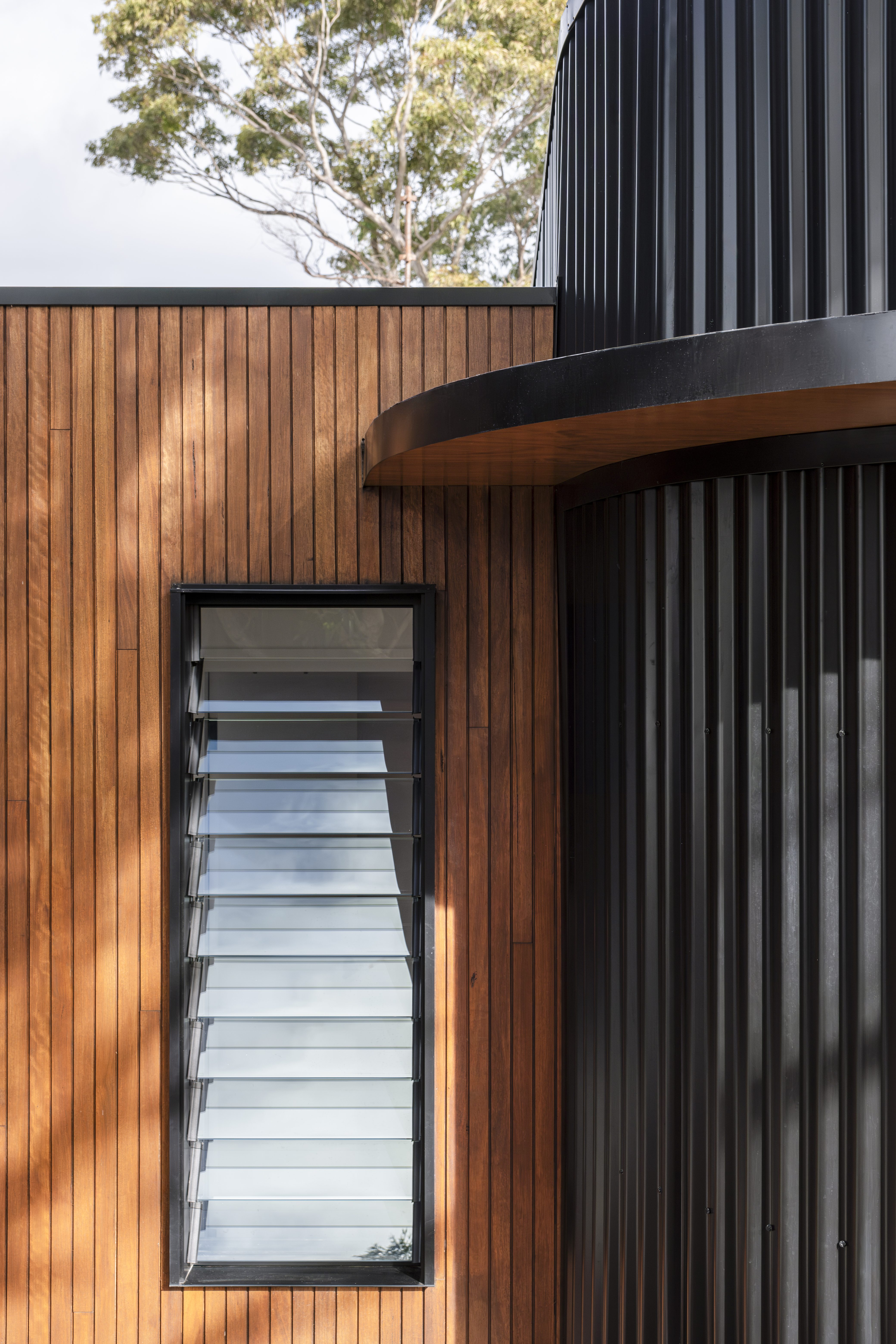 Art House exterior detail — warm timber cladding with louvre window alongside curved black corrugated metal cladding