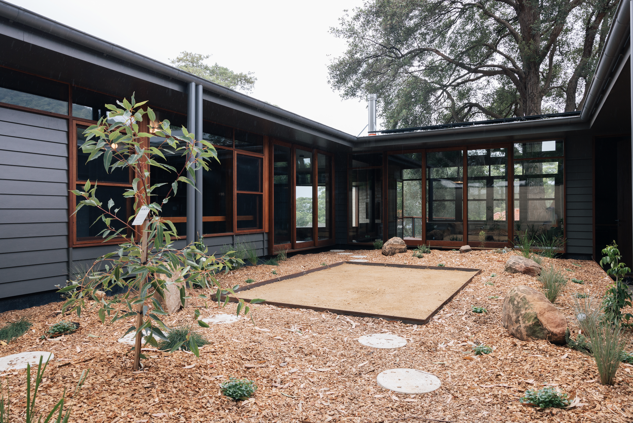 Internal courtyard — native plantings, stepping stones and full-height glazing wrapping the living areas